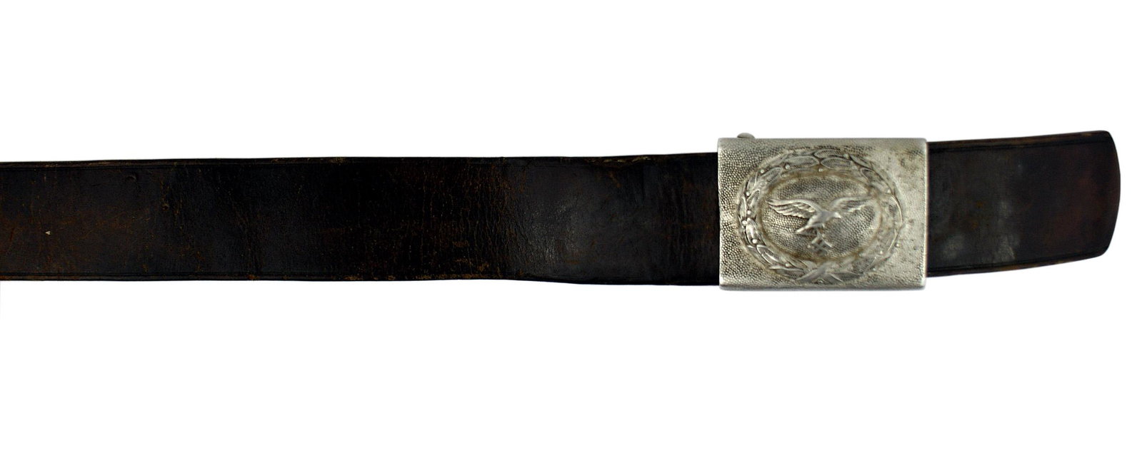 German WWII Luftwaffe EM belt and buckle: F-058 German WWII Luftwaffe EM belt and buckle. Pebbled aluminum finish bearing a relief eagle/swastika within an oval oak leaf wreath. Issue dark brown leather belt with name of maker and dated "1939