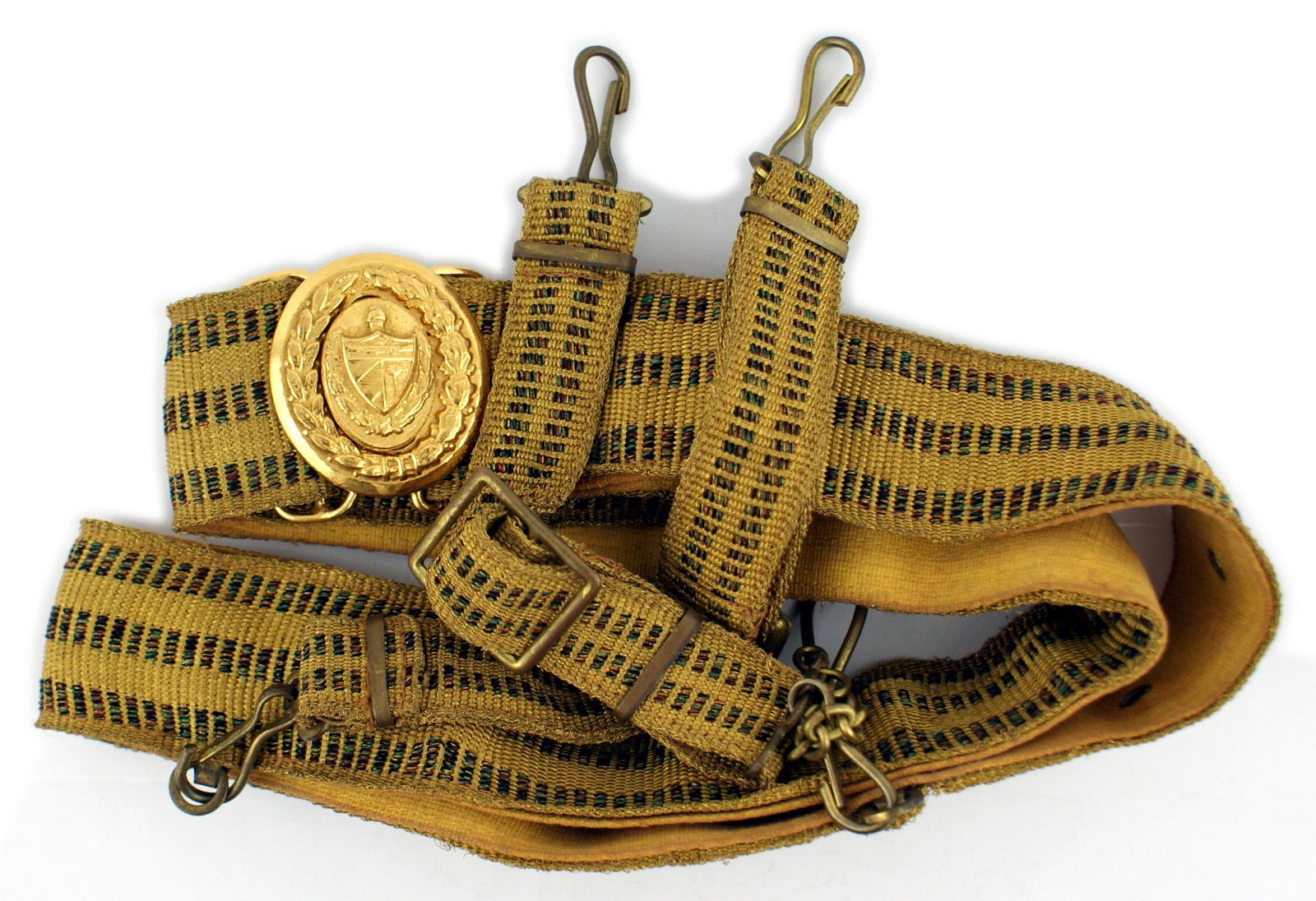 Cuban Navy officer dress belt dagger hangers: F-071 Cuban Navy officer dress belt with dagger hangers. 2" wide gilt belt with three rows of "broken" multi-color stripes. Matching gilt hangers with age toned buckles and snap hooks. (A copy of the 