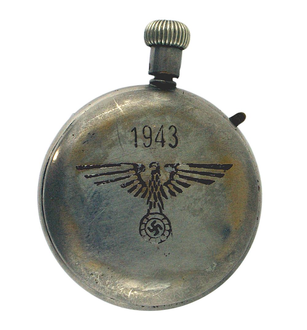 German WWII military pocket stop watch: N-007 German WWII military pocket stop watch. Reverse has a large engraved eagle/swastika and "1943". Not working. II