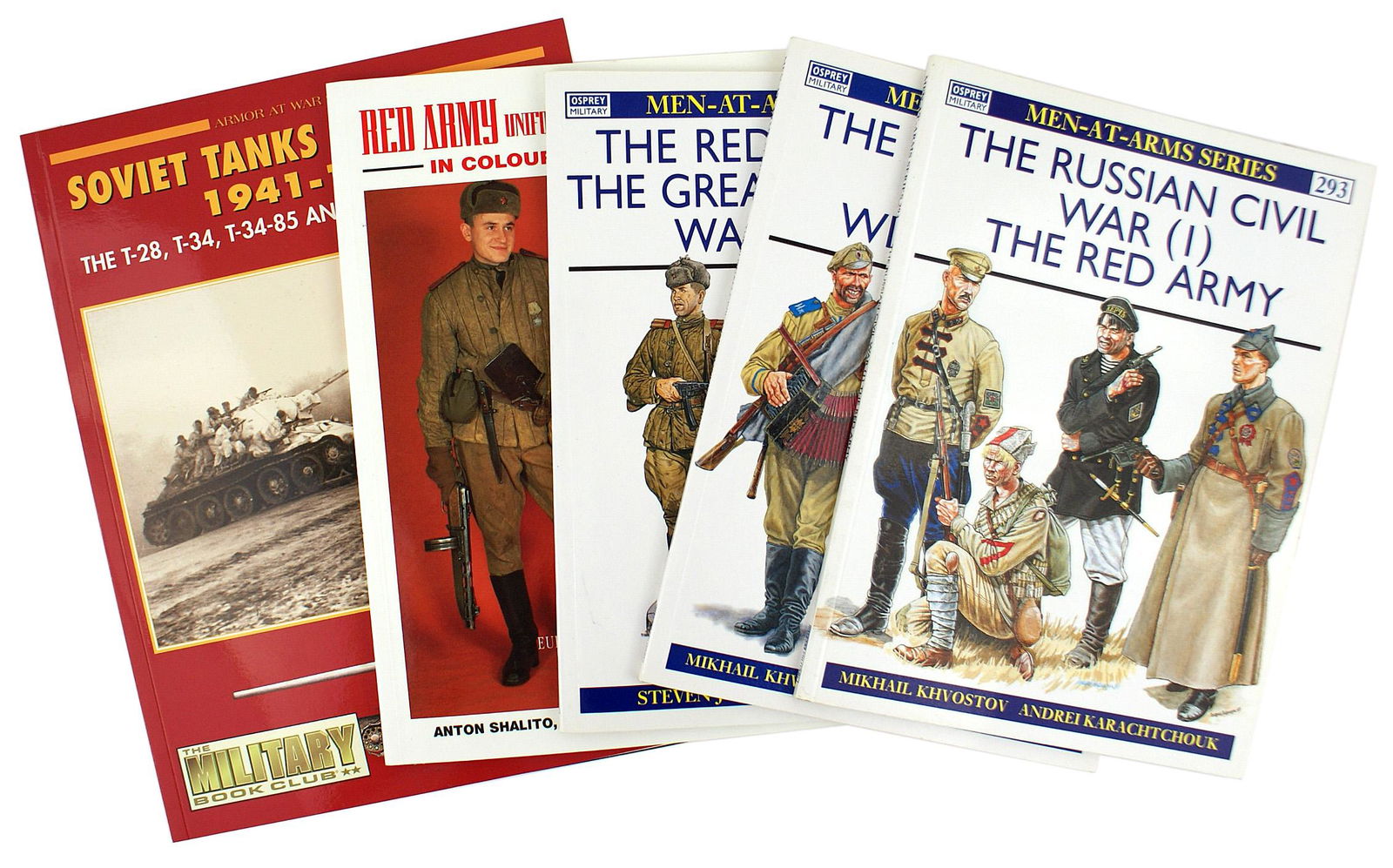 Lot of 5 military books RED ARMY Russian: I-031 Lot of 5 paperback military topics. Includes: (1) "RED ARMY UNIFORMS OF WORLD WAR II". 57 of 63 pages are color photos. (2) "SOVIET TANKS IN COMBAT 1941-1945". 70 pages pictorial. (3) Osprey ser