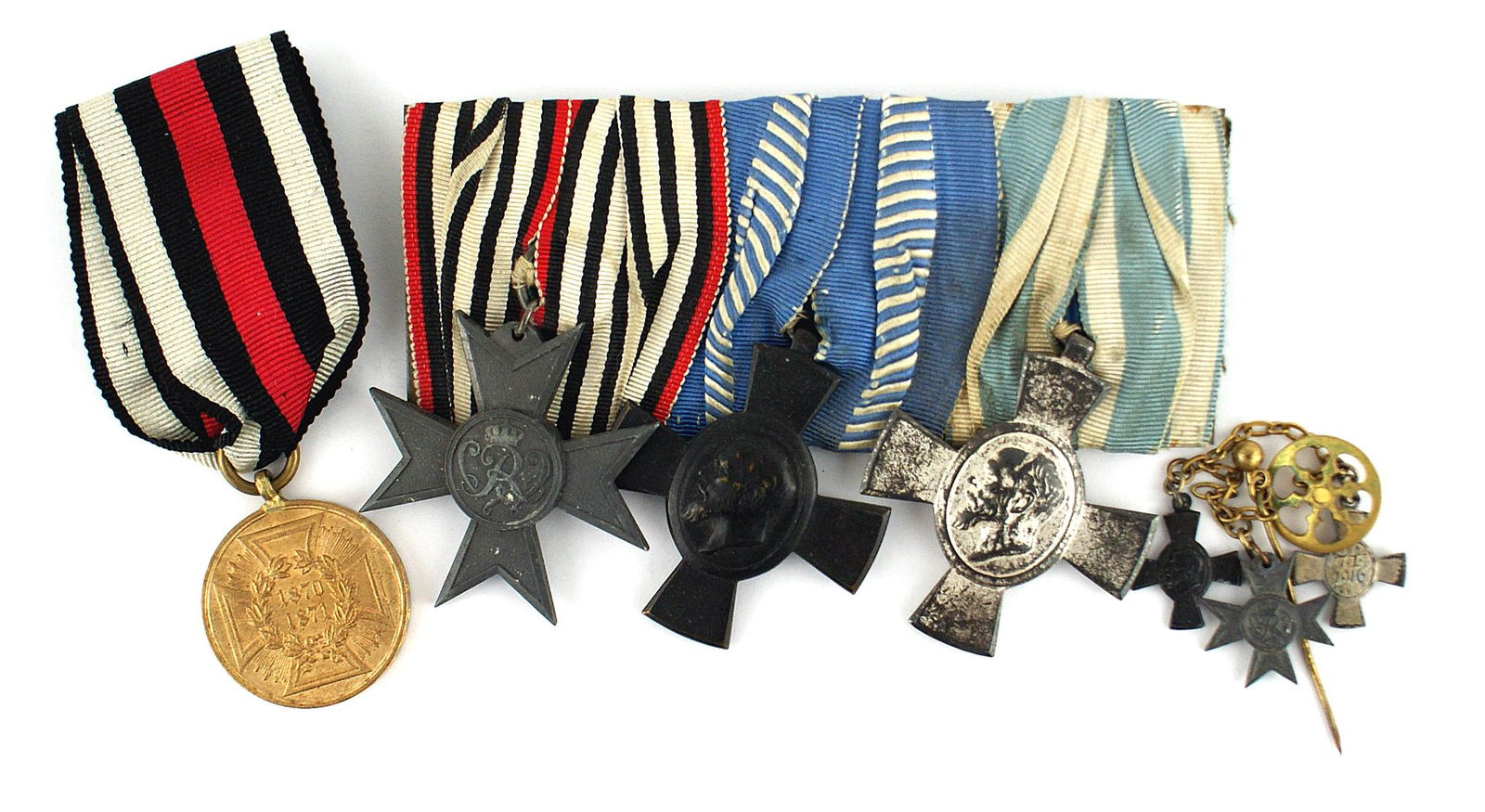 Imperial Bavarian WWI era medal bar Prussian: B-013 Imperial Bavarian/WWI era medal bar: Prussian Merit Cross for War Help, Bavarian King Ludwig Cross (Iron) and the Bavarian Silver Cross Commemorating the 100 yr. Anniversary of the signing of th