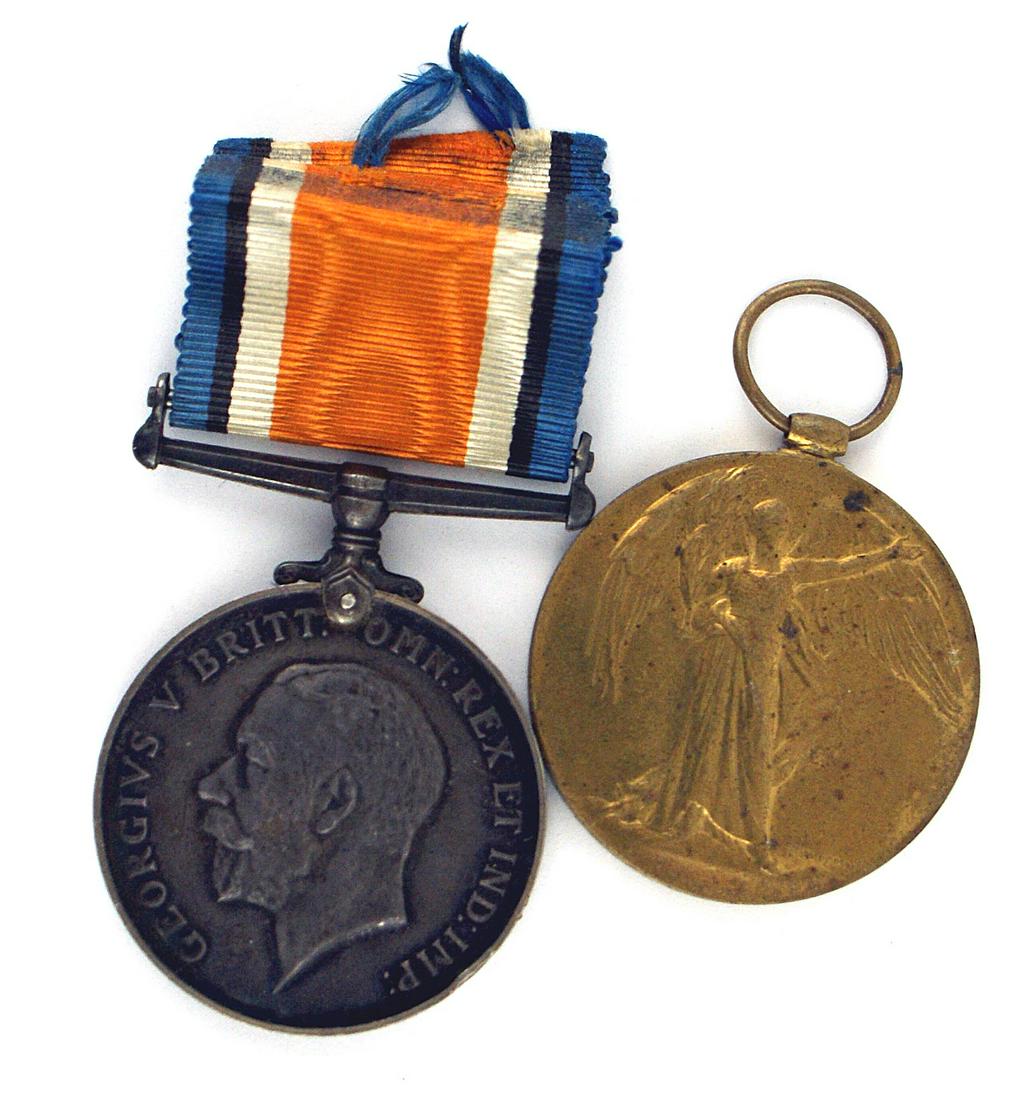 Great Britain Lot of 2 medals War Victory: B-157 Great Britain. Lot of 2: (1) The British War Medal. Silver. Obverse: head of George V. Reverse: mounted warrior stomping a German shield and "1914-1918". Rim engraved "... PTE. J.E. VINCENT. NSR