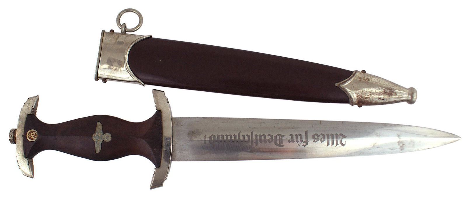 German WWII NSKK dagger: D-004 Third-Reich NSKK. Same type as the SA dagger. Rosewood grip with a gray eagle/swastika and "SA" insignia. Light patina on both crossguards. Fairly clean 8 3/4" blade has the etched motto "Alles 