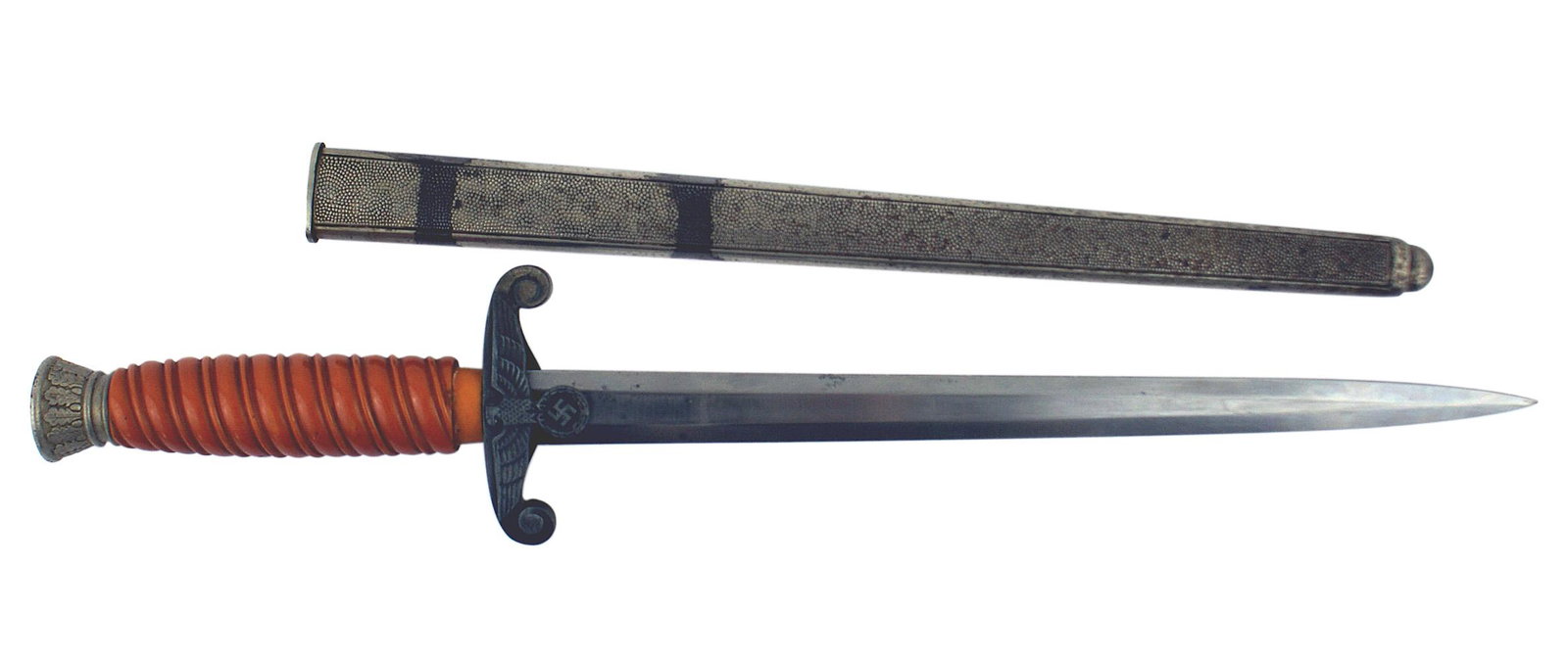 German WWII Army officer dagger: D-008 Third-Reich Army officer dress dagger. Oak leaf decorated pommel. Age darkened eagle/swastika crossguard. Name "WOLF" scratched on reverse. Bottom of the deep orange grip is chipped and missing 