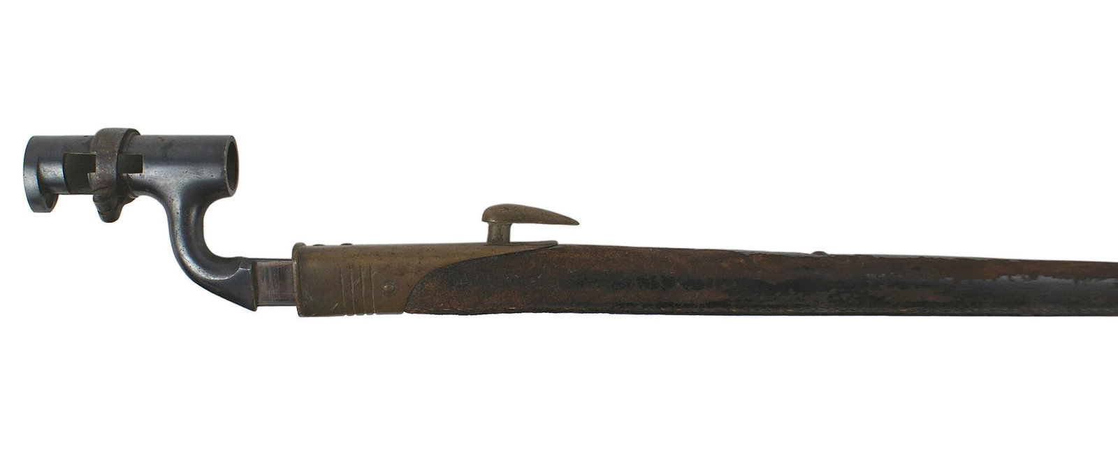 British pattern 1853 Enfield bayonet: D-042 British Pattern 1853 Enfield bayonet. Triangular shaped 22" mirror finished with a fuller on each side. Marked with a crown over "BR" over 26", broad arrow over "WD", "I-67", etc. Dark blued soc