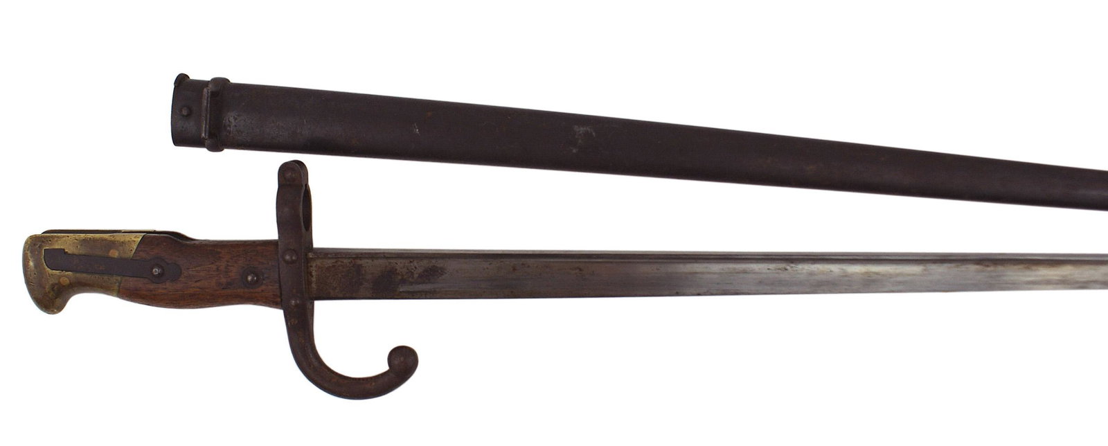 French Epee M1874 bayonet: D-049 French Epee M1874 bayonet. Brass pommel and steel crossguard/curved quillon/muzzle ring. Fairly clean 20 5/8" "T" back blade. Spine is marked "Paris-Oudry-1878". Darkened finish on the steel sca