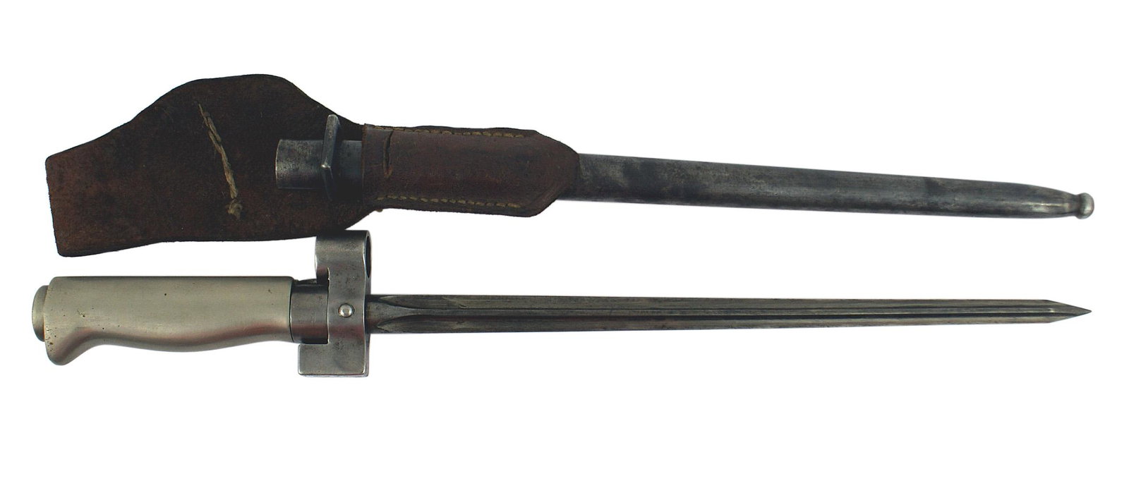 French M1886 93 16 Epee bayonet: D-051 French M1886/93/16 Epee bayonet. Round white metal grip. Steel muzzle ring and square cut press stud. 10 3/8" cruciform blade (Factory re-done damaged longer blade). Round steel scabbard. Brown 