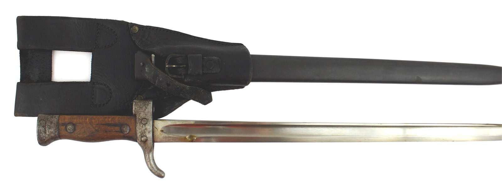 French M1892 knife bayonet: D-052 French M1892 knife-bayonet. Steel pommel and turned down crossguard/muzzle ring. Wood grips. Excellent 15 3/4" blade. Dark blue steel scabbard. Black leather frog with two belt loops. II