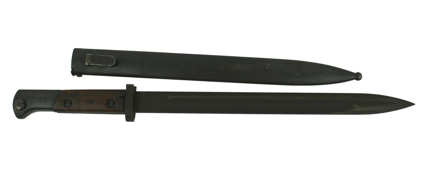 Czechoslovakia VZ24 bayonet: D-068 Czechoslovakia VZ24 bayonet. Blued pommel and short crossguard. No muzzle ring. 11 3/4" reversed parkerized blade. Has a German Waffen stamp indicating Third Reich use. 95% finish on steel scabb