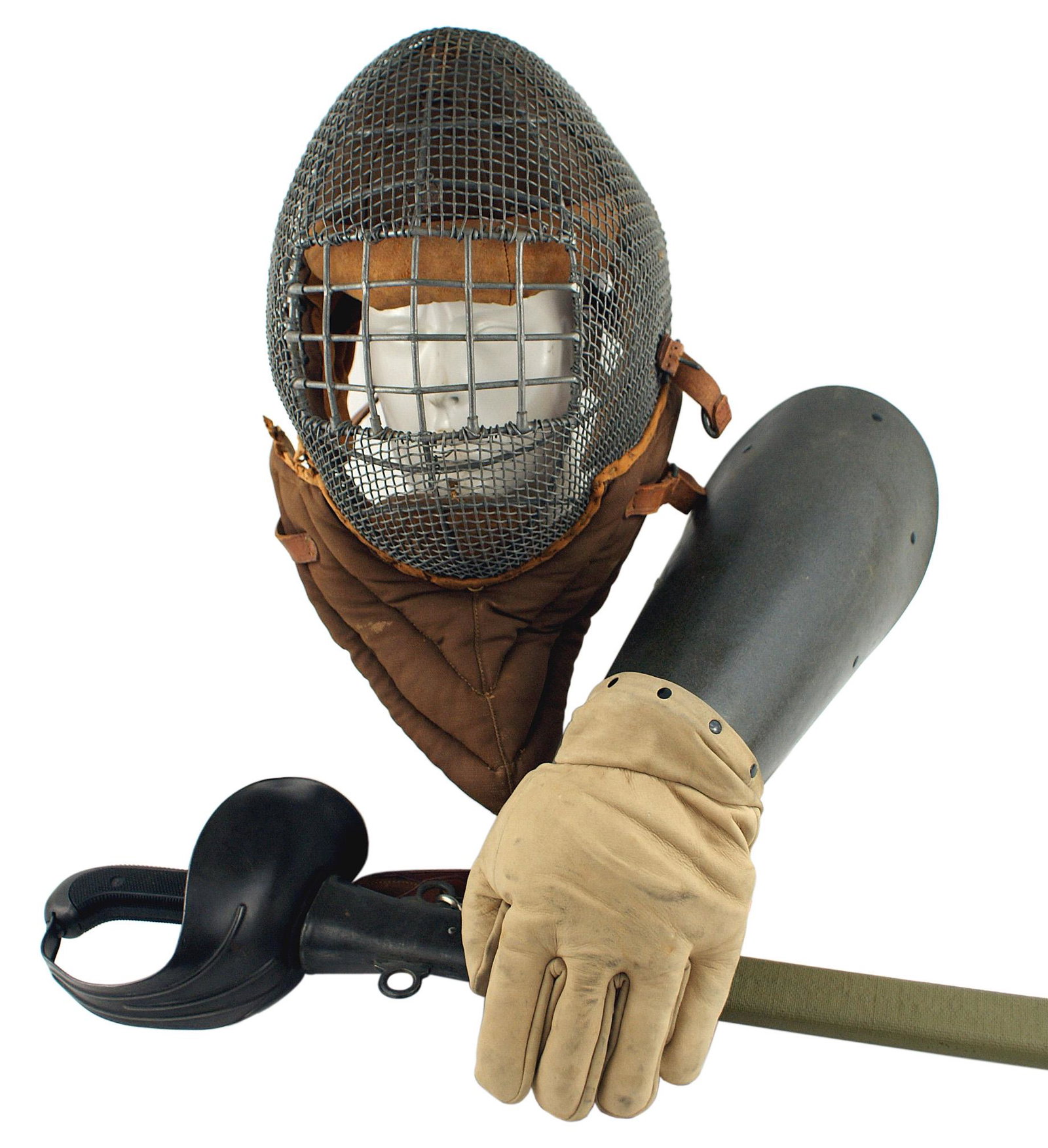 US M1913 Patton Cavalry sword lot fencing mask glove: D-096 US M1913 "Patton" Cavalry sword. One-piece full steel basket guard and ribbed knuckle-bow. Grip and backstrap "roughened" in a diamond pattern. The double edged 35 1/4" clean blade is marked "US