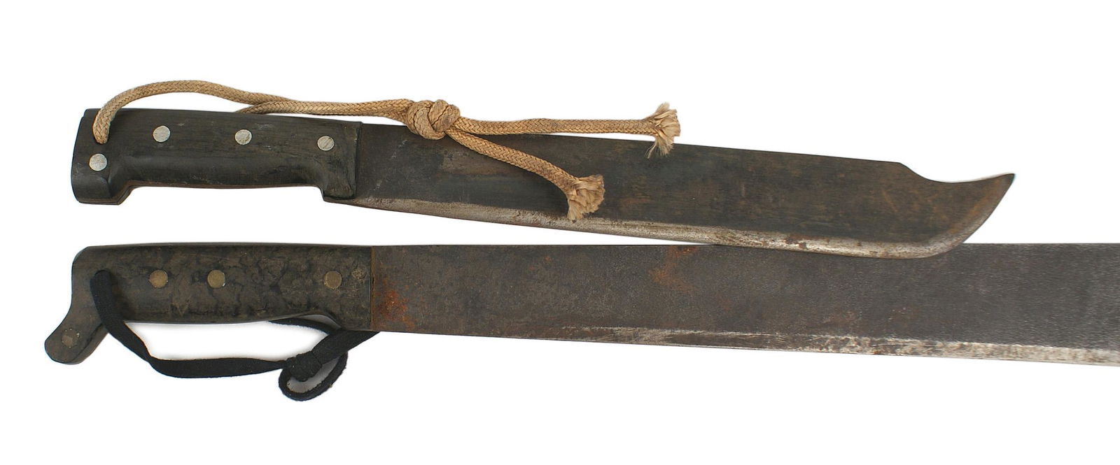 Lot of 2 South Pacific bring-back machetes: D-097 Lot of 2 South Pacific, "bring-back" machetes: (1) Black plastic grip with a 18" blade marked with a crown/hand holding a hammer logo and "LEGITIMUS-COLLINS & CO-US". Blade is darkened and worn