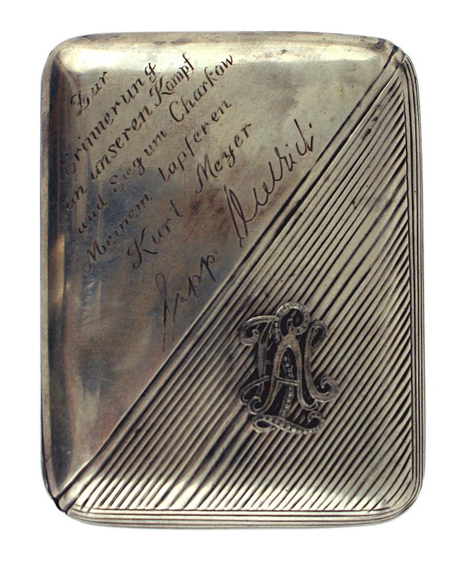 Cigarette case German WWII SS LSAH: A-025 Silver cigarette case presented to German WWII SS LSAH Recon Battalion Commander Kurt Meyer, from the Division Commander Joseph "Sepp" Dietrich. Lid is engraved "In Memory of our Battle and Vict