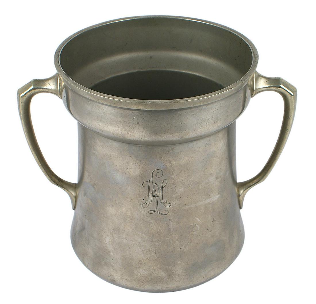 German WWII LAH SS champagne bucket: A-030 German WWII LAH (SS-Leibstandarte) officer's mess champagne bucket. Nickeled two-handled, 7 1/4" diameter. Script "LAH" cypher engraved on front. 9" tall. Bottom is marked with maker "ORIGINAL W