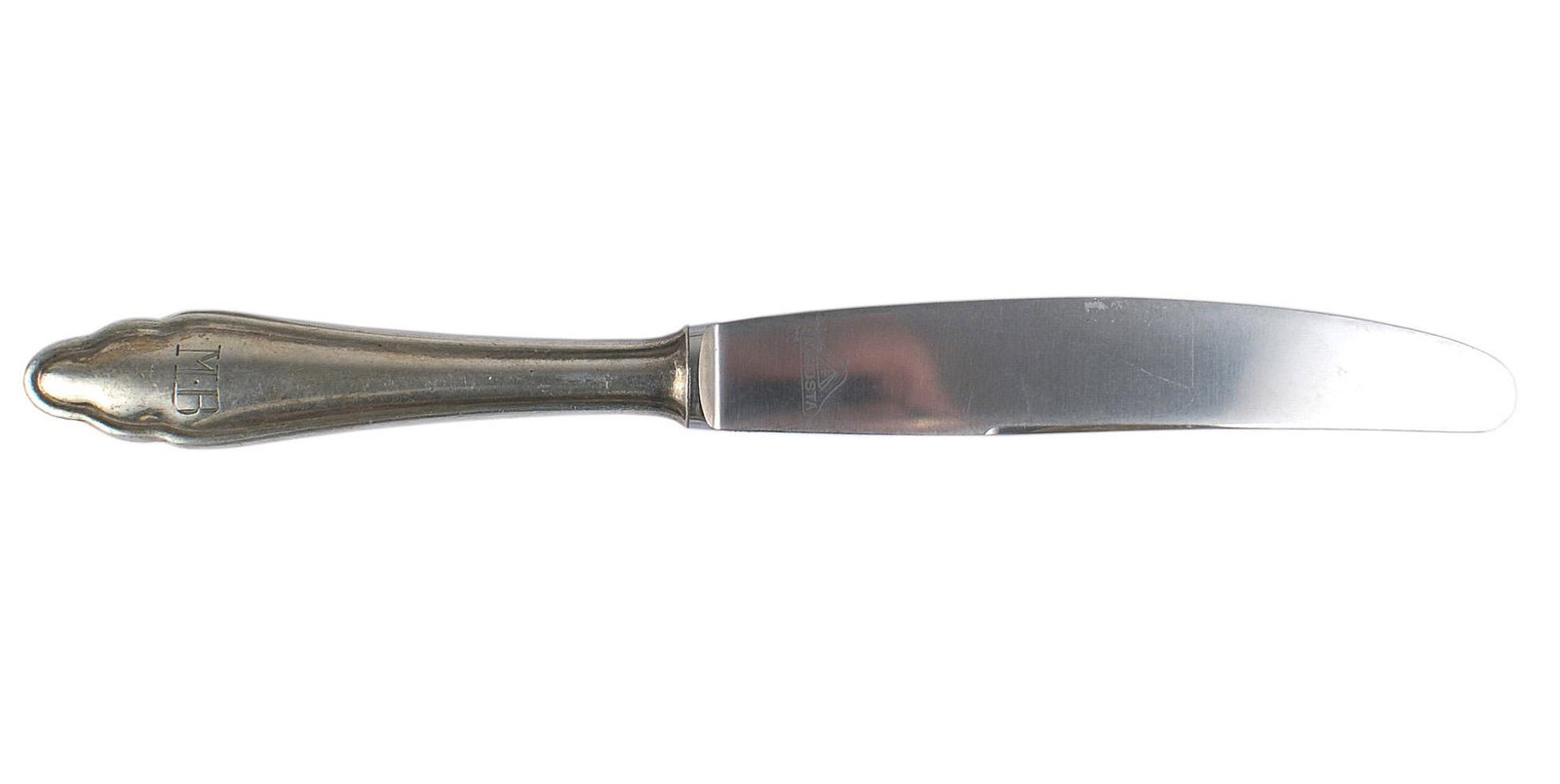 German WWII Martin Bormann knife: A-038 German WWII Martin Bormann table service dinner knife. Outlined border of handle with engraved block letters "MB". Marked "90" (nickel silver) and "27". Overall 10". II