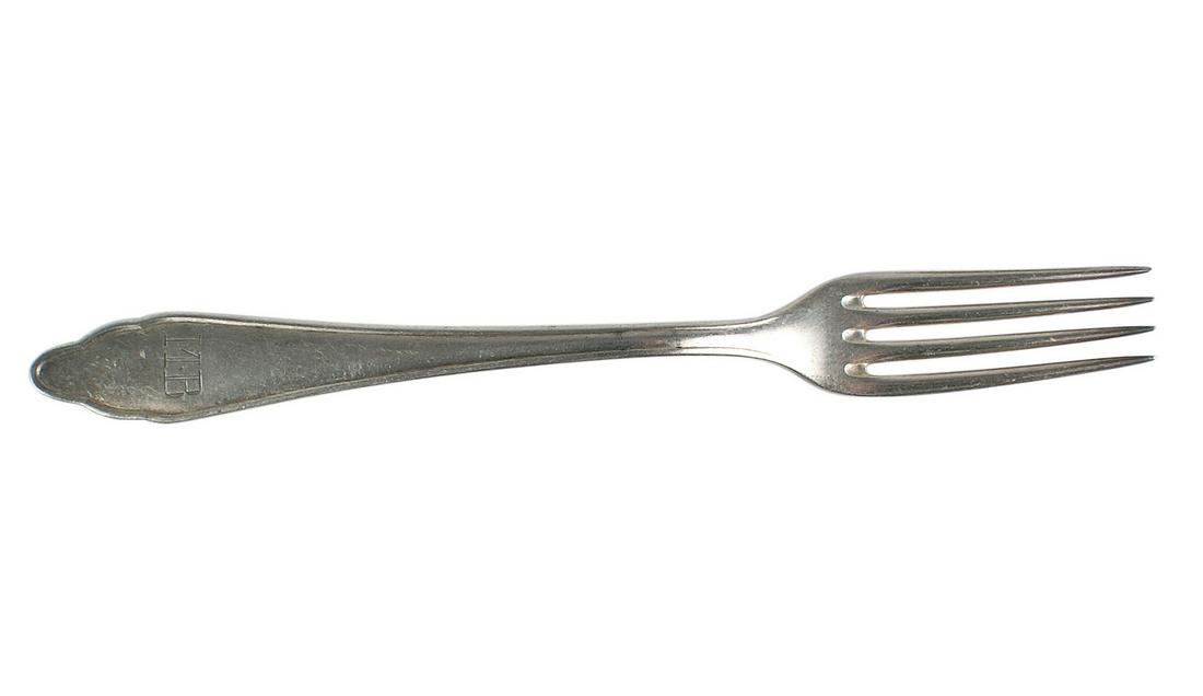 German WWII Martin Bormann fork: A-040 German WWII Martin Bormann table service 8 5/8" dinner fork. Engraved with the same "MB" monogram as above. Reverse is marked "SCHWABENLAND", "Gowe" (in script), "90" and "45". II