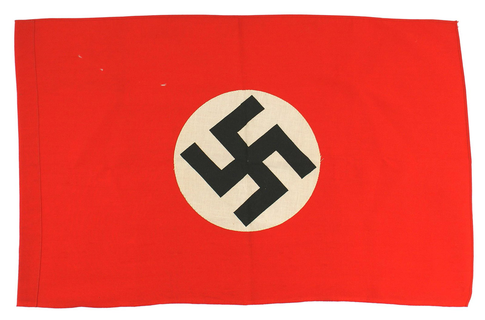 German WWII NSDAP flag: H-059 German WWII N.S.D.A.P. flag. Printed black swastika on a 7 1/2" diameter white roundel sewn to a red field. With a pole sleeve. 15" x 23". Three small "bites" otherwise very good plus. II