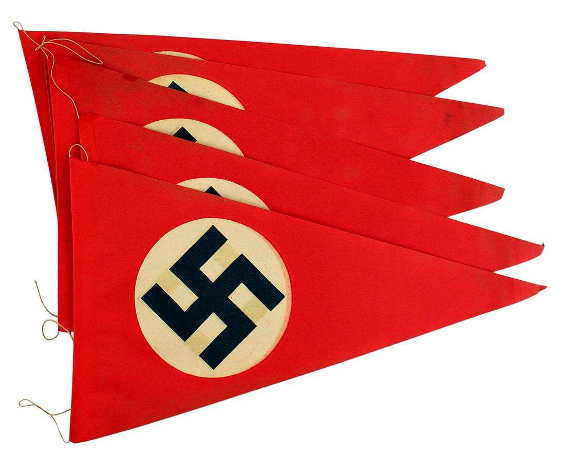 German WWII paper Nazi pennants: H-069 Lot of five 6 1/2" x 11 1/4" triangular paper German WWII Nazi pennants. All string connected. I