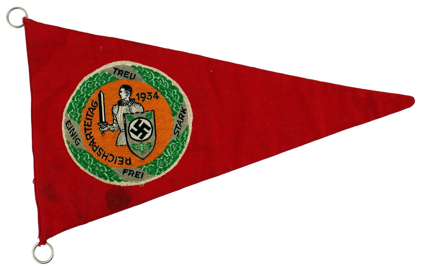 German WWII automobile fender pennant 1934 NURNBERG: H-085 Third-Reich automobile fender pennant for the "1934 NURNBERG REICHSPARTEITAG". Embroidered colorful emblem for the event - Knight holding a broadsword and shield with a swastika, "1934" and an o