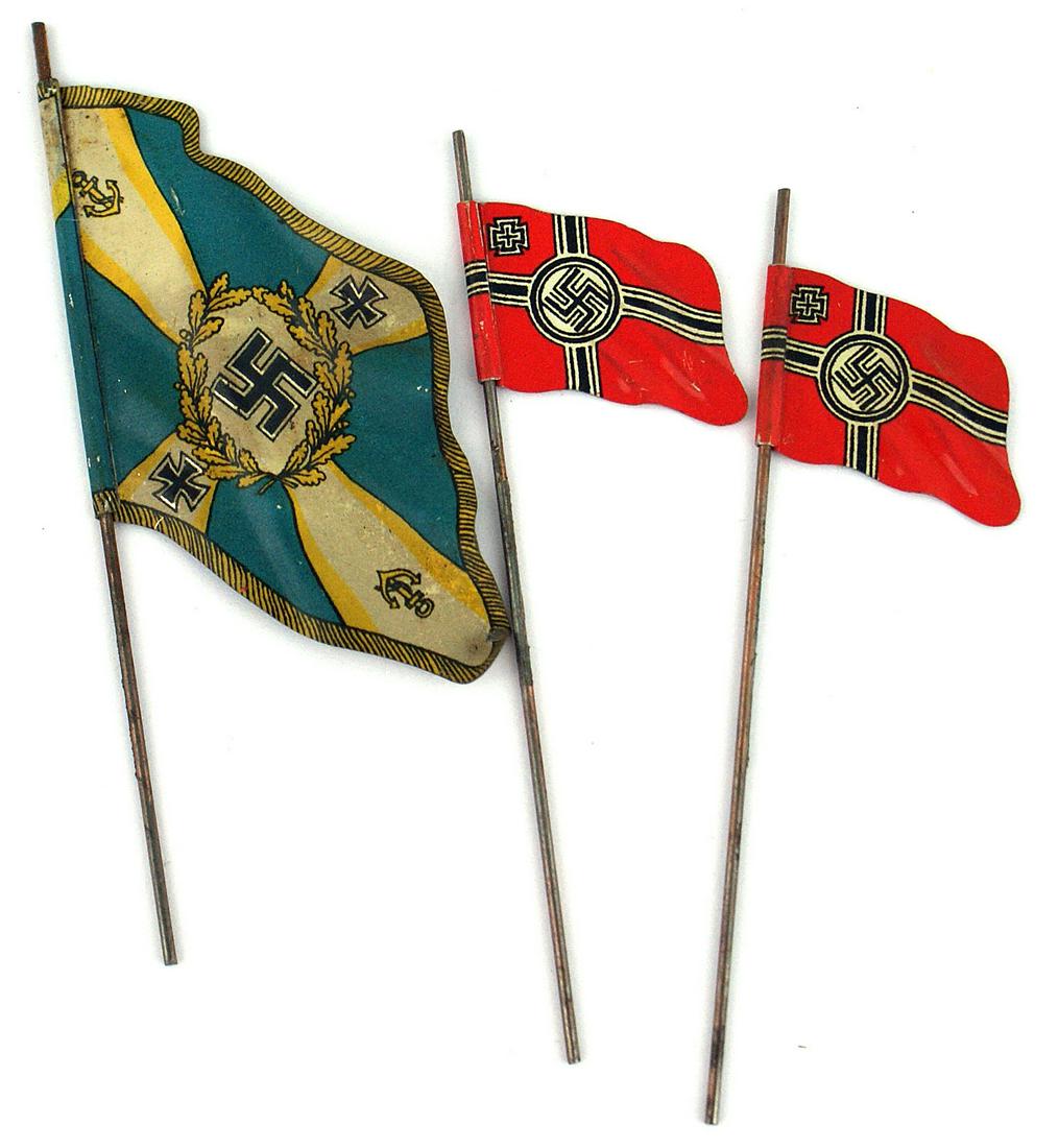 German WWII Lineol Elastolin toy soldier flags: H-101 Lot of 3 original German Third-Reich Lineol-Elastolin metal toy soldier flag: (1) Navy standarte (2) Two Reichskriegsfahne. II