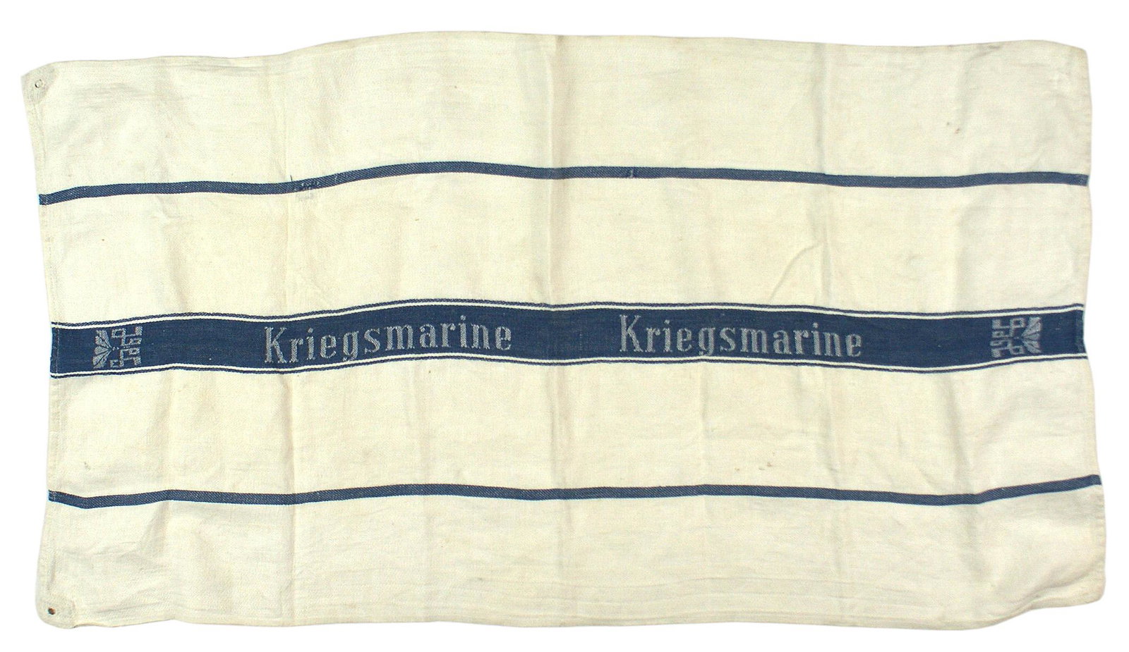 German WWII Navy towel Kriegsmarine: H-109 German WWII Navy towel. "Kriegsmarine" twice on the 1 5/8" wide center blue panel - on a white field. 19 1/2" x 37 1/2". Clean. II