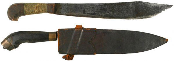 Lot of 2 South Philippines weapons Barong knife: Lot of 2 South Philippines weapons: (1) Barong. Brass cap and ferrule on wood grip. Wide shaped 11 7/8" blade. Leather scabbard. (2) Moro type knife. Brass wire wrapped wood grip. 13 3/4" blade with a