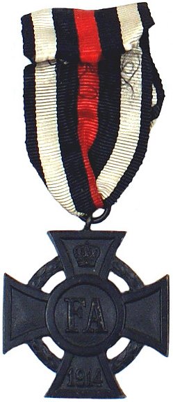 Imperial German WWI War Cross 2nd Class: Oldenburg. Friedrich August WWI War Cross – 2nd Class. Crown/"FA"/"1914" and laurel wreath on obverse. Improper ribbon.