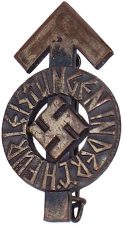 German Hitler Youth Proficiency Badge: HJ Proficiency Badge. Broad arrow, with a center swastika surrounded by "FUR LEISTUNGEN IN DER H.J.". Reverse is marked "RZM M1/65". With serial number "112453".