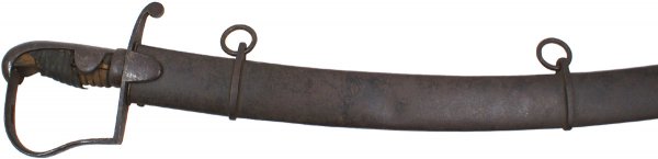 British Pattern 1796 light cavalry saber sword: British Pattern 1796 light cavalry saber. Iron backstrap/pommel, reverse "P" knuckle-bow and crossguard with shield shaped langets. 50% of dried leather wrapped grip remains. 1 3/8" wide, 32" curved b