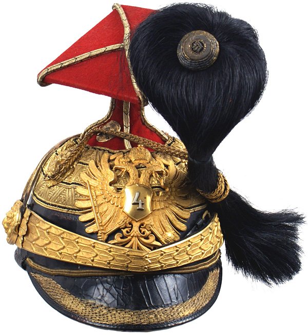 Austrian Uhlan Senior Officer's "Shapka" helmet: Uhlan Senior Officer's "Shapka". Black leather body with a gilt cord embroidered "basket-weave" border on the visor. 2 1/2" gold bullion braid panel circles the crown of the body. Heavy gold bullion c