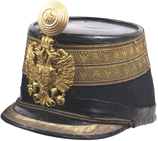 Austrian Infantry Captain M1910 shako helmet: Infantry Captain's M1910 shako. Same as above, but with two gold bullion braid panels divided by a black stripe. Visor and frontplate as above. Gilt metal crowned "FJ1" plume holder. Brown leather swe