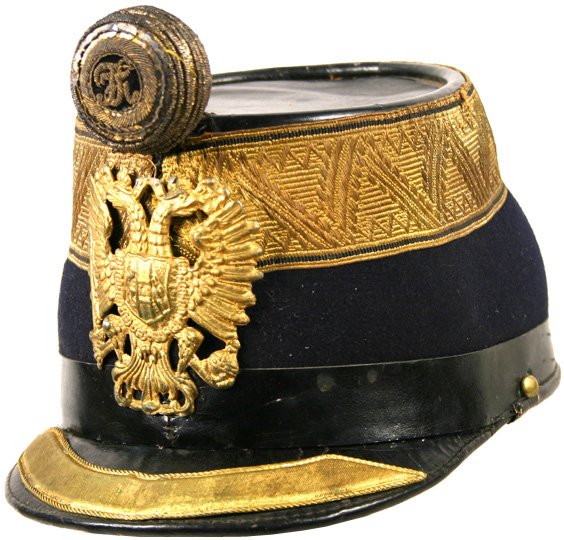Austrian Infantry Leutnant/Oberleutnant shako helm: Infantry Leutnant/Oberleutnant shako - gold "tape" around the crown and leather band around base. Gilt metal simulated gold bullion crescent border on leather brim. Old cast copy double-headed eagle f