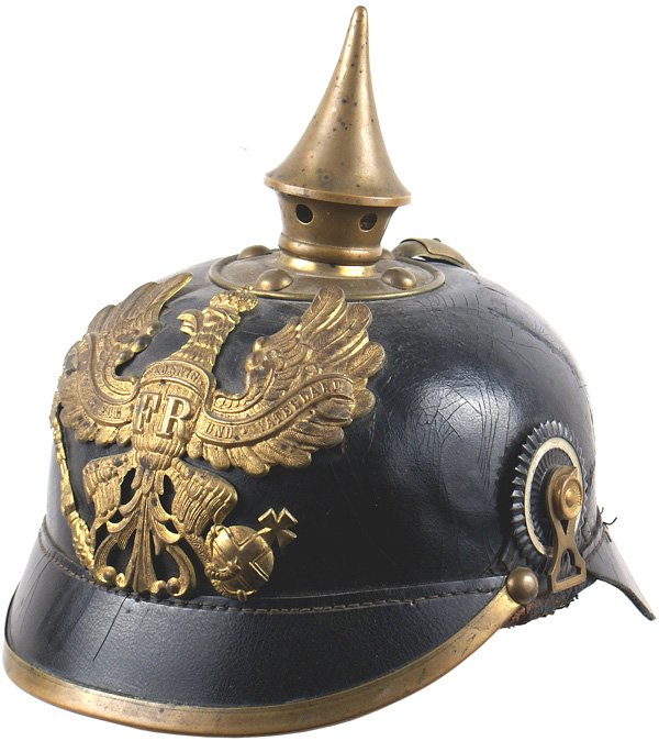 German WWI Prussian EM "pickelhaube" helmet: Prussian EM "pickelhaube" – with a brass frontplate, visor trim, spine, spike/base and chinstrap "loops" (only). Both the Prussian and National Colors rosettes. Back right side has a repaired split,