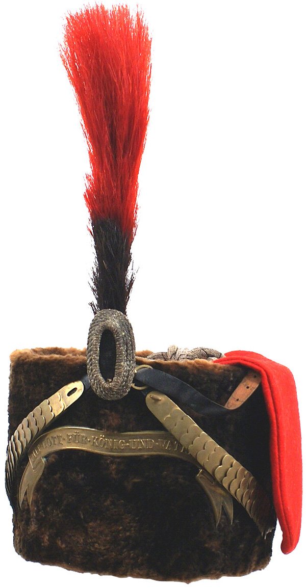 Prussian WWI 6th Hussar Regiment officer busby hel: Prussian wartime expedient, 6th Hussar Regiment officer's busby. Dark brown "ersatz" fur body with a brass "...VATERLAND" bandeau and flat gilt brass chinscales with side bosses. Black velvet center o