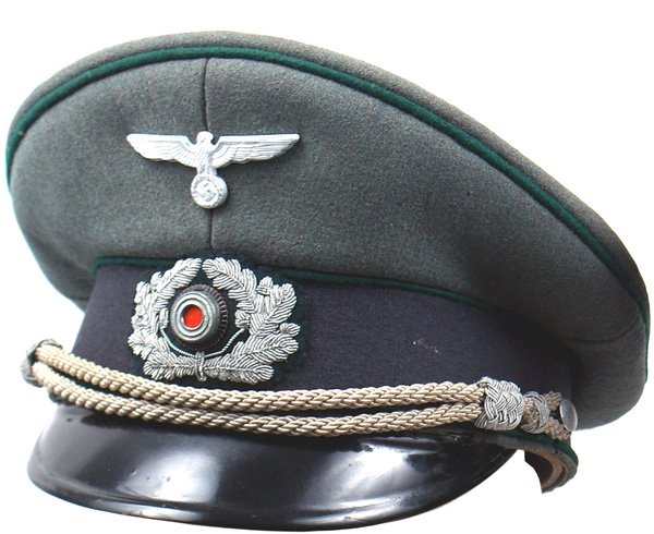 German WWII Army Administration peaked cap: Army Administration. O.D. wool body, with a green piped crown and gray band. Silver metal eagle/swastika and high relief silver bullion wreath/metal rosette. Black vulcan visor. Silver bullion chincor