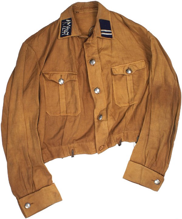 German WWII SA Hessen Reit Sturm 1 "brown shirt": SA Hessen Reit Sturm 1 of Standarte 247 "brown shirt". Domed silver buttons down front, on both pockets and cuffs. Navy blue collar tabs – white embroidered "1/247" and affixed silver metal crossed 