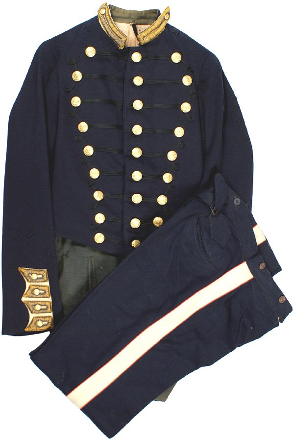 Utica Citizens Corps coat circa 1890: Utica Citizens Corps dark blue waist length coat with "tails". Standup collar with 1 1/4" x 4 1/4" high relief gold "tape" tabs with white inserts and a "UCC" button. Horizontal black cord "frogging" 