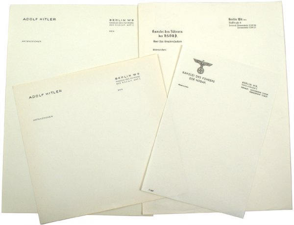 Lot of 4 different Adolf Hitler letterheads: Lot of four different letterheads. Included are: (1) Full 11 5/8" x 8 1/4" sheet with printed "ADOLF HITLER" and "BERLIN W8 – KANZLEI DES FUHRERS – DER NSDAP AMT 1". (2) Same, but a smaller size 7