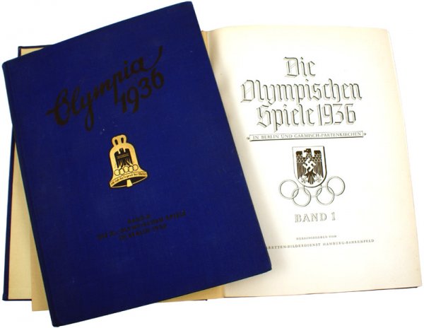 Book from Adolf Hitler's library: Olympia 1936". Two volume set of the classic "cigarette card" albums on the German held Olympic games. Both albums complete, with photo prints of all the games, pageantry, participants, victors, etc. 