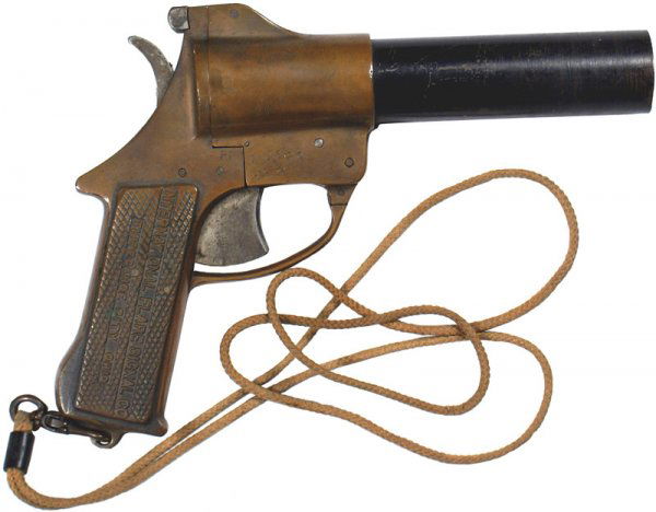 American U.S. WWII flare pistol: American WWII flare pistol. 5 1/4" steel barrel, with a brass frame. Marked "PT" and "DEC – 42" as well as a serial number. Checkered brass grip has relief letteirng on both sides – "INTERNATIONAL