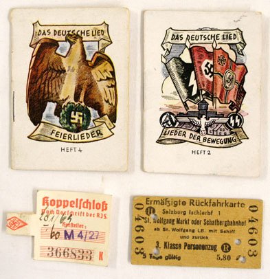 German WWII songbooks HJ etc: Lot of miscellaneous items: (1) Two miniature N.S.D.A.P. song books. 2 3/4" x 2". Both with eagle/flag covers, and political songs "Of the Movement". Published in 1943. (2) Salzburg – round trip tra