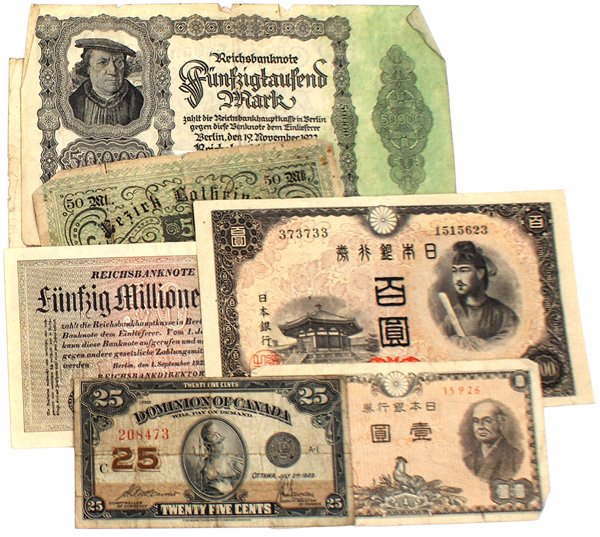 Lot of 96 miscellaneous currency: Lot of 96 miscellaneous pieces of currency. Includes: German inflation bills (5000, 100,000, 1 million Marks), over 50 Japanese WWII, including 100 Yen and Korean notes, two Canadian 1923 25 cent note