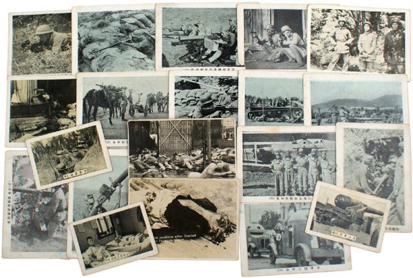 Lot of 97 Chinese WWII photo cards: Lot of 97 Chinese WWII photo cards. Includes: Chinese troops in action, wearing British and German helmets, using various weapons (Mauser "broom handle" pistol, BAR, Japanese LMG, Mauser rifle, etc.),