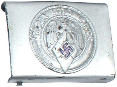 German HJ Hitler Youth belt buckle: H.J. (Hitler Youth). Silver-gray finish on a relief eagle/diamond/black swastika and "Blut und Ehre". Reverse is marked "RZM M5/276".