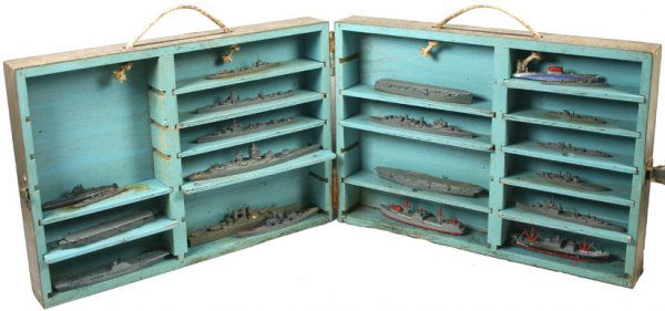 US NAVY MINIATURE SHIP MODELS: Boxed metal "US NAVY MINIATURE – BRITISH & FRENCH SHIP MODELS". (1) Ten British ships including the cruisers, "UGANDA", and "BELFAST", the aircraft carriers "UNICORN" and "PRETORIA CASTLE", destroye