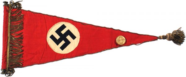 German WWII NSDAP table pennant: N.S.D.A.P. Party official's triangular table pennant. Three-piece construction – with a bevo type embroidered swastika on a white disc in center. Gold bullion cord border, gold wire fringe overlay a