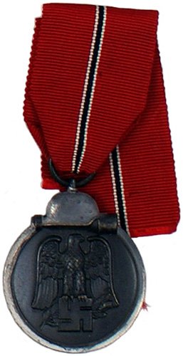 German WWII Eastern Front Medal: B-65 - Eastern Front Medal - eagle/swastika/helmet/stick grenade. Reverse: "Winter Battle in the East 1941/42". II+.....$35.00