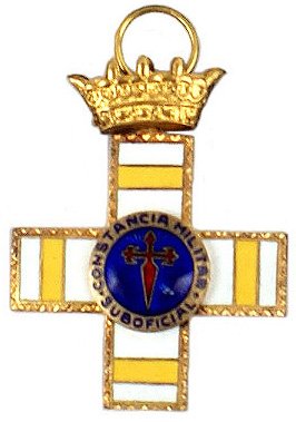 Order of St. James of the Sword medal: B-149 - Order of St. James of the Sword. Gilt outlined white enameled cross with yellow bars. Enameled center roundel bearing a Red Cross of St. James, on a blue field, with "CONSTANCIA MILITAR SUBOFI