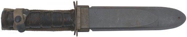 U.S. Navy WWII combat knife: D-53 Similar to above. Light rust on pommel and cross guard. 40% finish remains on blade, marked "USN...", which shows some wear. Scabbard as above - shows age on throat. Condition II- $35.00