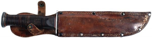 U.S. WWII combat knife: D-55 WWII combat knife. Leather "rings" handle with a flat steel pommel and short crossguard. 1 1/4" wide clean steel 7 7/8" "bowie" type blade. Leather scabbard with a riveted border, belt "slit" and