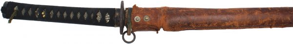 Japanese Katana samurai sword: D-74 Japanese Katana. 23 1/2" blade which has a "chewed" edge. Scattered dark pitting - blade is engraved with a dragon and characters. Copper habaki has a 1/2" gold overlay bearing a checkered patter
